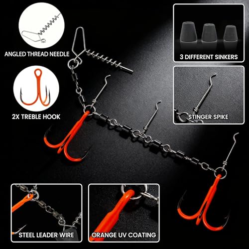 9KM DWLIFE Stinger Hooks Stinger Rig Treble Hooks with Sinker Weight Soft Bait Swimbait Predator Fishing Rig with Straight/Angled Threaded Needle for Pike, Walleye, Musky, Ice Fishing & Dead Bait - size: 1/0#, style: Angled Threaded Needle