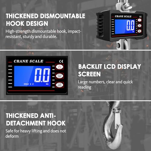 2200lb/1000kg Digital Crane Scale, Heavy Duty Industrial Hanging Scale with Backlit LCD, Tare, Data Hold and Unit Switch for Factory, Construction, Farm - color: Black