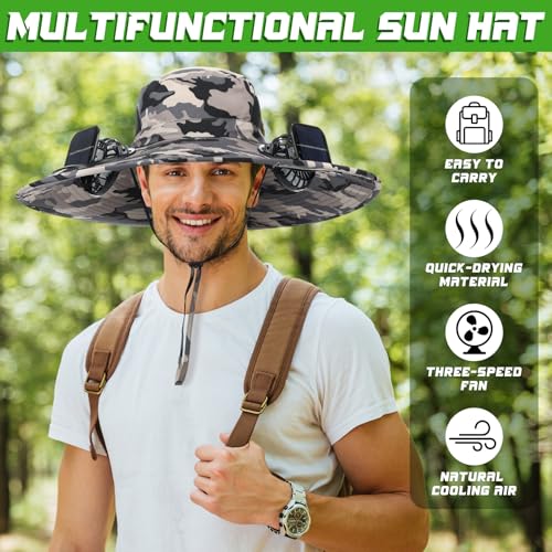 Berlune Sun Hat with 2 Solar Fan Wide Brim Fishing Bucket Hat USB & Solar for Men Women UPF 50+ Cooling for Fishing Beach - color: Gray, size: 5.9 Inch Brim
