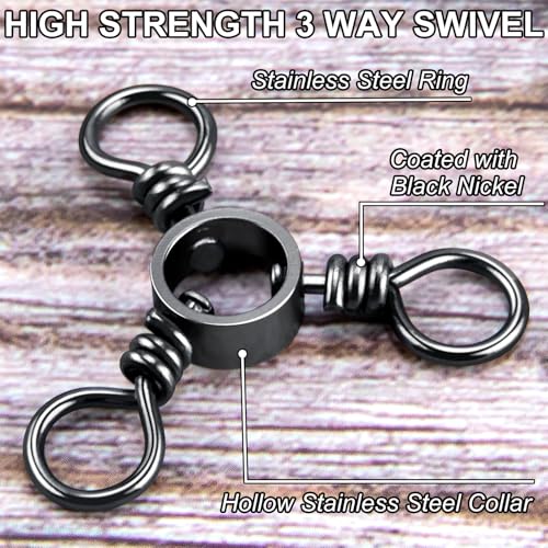 Alwonder 100-Pack 3 Way Swivels Fishing Tackle, 28-143LB Stainless Steel Black Nickel Three Way Swivel Fishing Swivels Connectors Saltwater Freshwater Surf Deep Drop Catfishing Rigs Tackle - size: #2-75LB-100 Pack