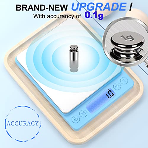 Digital Food Scale for Food Ounces and Grams，YONCON 3000g/0.1g Accuracy Multifunctional Kitchen Scale for Cooking, Baking | Small Size for Easy Storage | 2 Trays，Tare Function - color: Blue