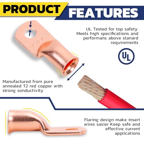 haisstronica 240PCS Battery Cable Ends Kit,120PCS AWG 8 6 4 2 0 00 Heavy Duty Copper Wire Lugs Ring Terminals,Battery Cable Lugs Eyelets Terminal Connectors with 120PCS 3:1 Heat Shrink Tubing - color: Bare Copper, size: 240 PCS