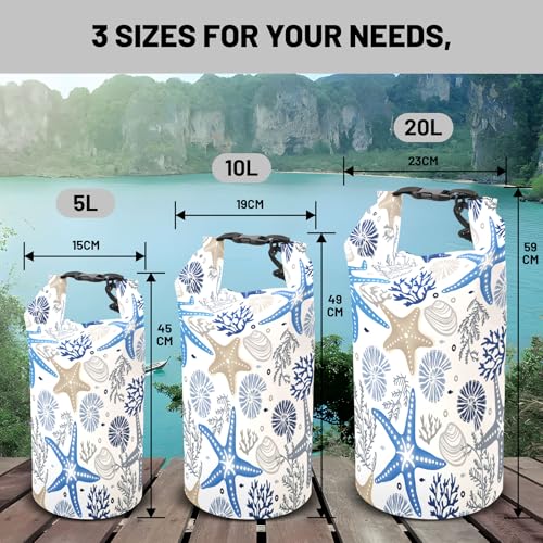 Waterproof Dry Bag,Roll Top Coral Starfish Coastal Waterproof Backpack 5L/10L/20L Floating and Lightweight Bags for Kayaking, Boating, Fishing, Swimming and Camping with Waterproof Phone Case