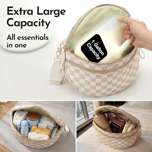 Crossbody Bags for Women, Spacious Nylon Belt Purse Fanny Packs, Crescent Oversized Checkered Bum Bag (Checkered - Beige) - color: Checkered - Beige