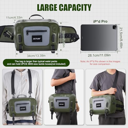 Goture Waterproof Fishing Waist Pack, IPX8 840D TPU Large Tackle Bag with Rod Holder, Airtight Zipper Closure, Fly Fishing Bag with Adjustable Waist Strap for Stream,Kayaking,Boating,Sling Fanny Pack - color: A1:9L Waterproof Tackle Bag
