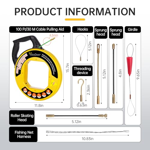 Non-Conductive Fish Tape Wire Puller 100 FT x 4.5 mm with Gloves and 7 Adapters, Flexible PET Wire Fishing Tools for Walls and Electrical Conduit, Rust-Proof - size: 100Ft kit