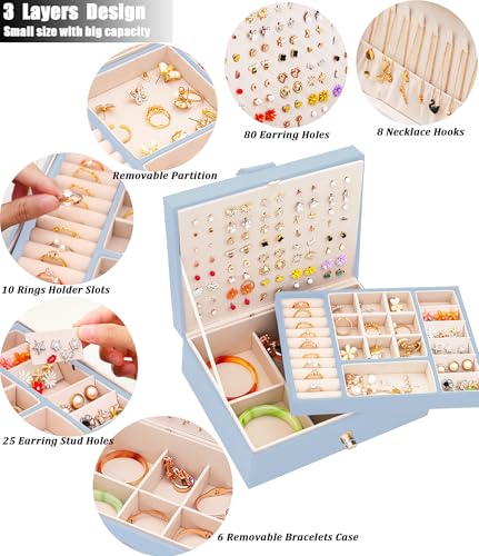 QBestry Girls Jewelry Box Earring Holder Organizer for Girls Jewelry Organizer Box Stud Earrings Organizer for Girls Womens Blue Jewelry Box for Earrings and Necklaces Rings Stud Earrings Box for Teen - color: Blue, size: Medium