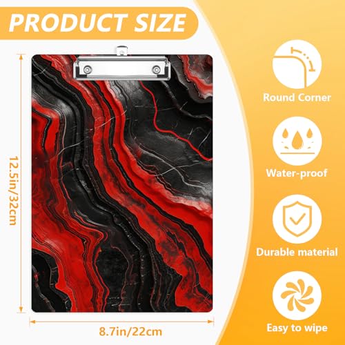 Black Red Marble Clipboard, Decorative Clip Board with Metal Clip Cute Plastic Clipboards A4 Standard Size 8.5" x 12.5" for Nurses, Students, Office - color: Black Red Marble