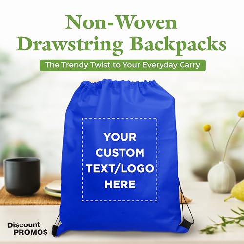 DISCOUNT PROMOS Custom Non-Woven Drawstring Backpacks Set of 10/50/100, Personalized Bulk Pack - color: Blue, size: 10/50/100