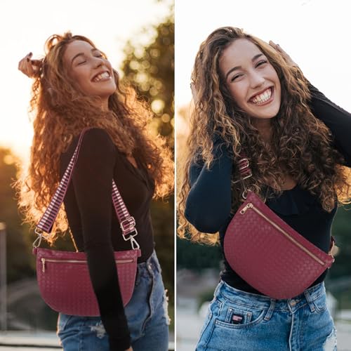 Woven Crossbody Bags for Women Leather Belt Bum Sling Purse Fanny Waist Pack Chest Shoulder Bag for Women-Burgundy - color: Burgundy