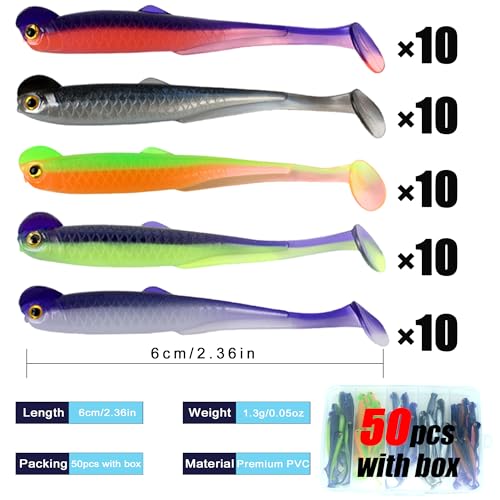 Fishing Soft Plastic Lures, Paddle Tail Swim Baits for Bass Fishing,Paddle Tail Swimbaits for for Bass Trout Walleye Lures, 30/50pcs Soft Plastic Baits with Box - color: E:2.36in/0.05oz-50pcs