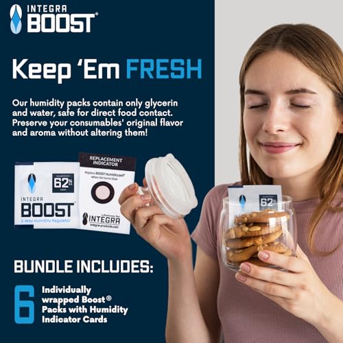 Integra Boost 62% RH, 2 Way Humidity Control Packs – 8g Size for Storing Up to 1oz – Pack of 6 Moisture Absorbers for Small Jars & Containers – Humidifier Packets for Herbs & Spices in Resealable Bag - size: Pack of 6