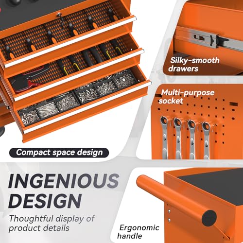 5-Drawer Rolling Tool Chest with Wheels, Metal Tool Storage Cabinet with Lock&Keys and Swivel, Toolbox with Drawers, Tool Box for Warehouse,Garage, Repair Shop, Workshop (Orange, 5-Drawer) - color: Orange, size: 5-Drawer