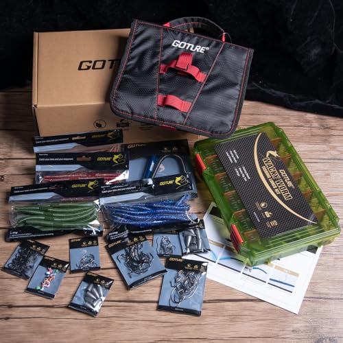 Goture Wacky Worm Fishing Lure Kit with Soft Plastics, Wacky Rig Tools, O-Rings, Worm & Drop Shot Hooks, Beads, Weights & Tackle Box - color: F:209pcs-(5" Soft Worm)&Tackle Box&Lure Bag