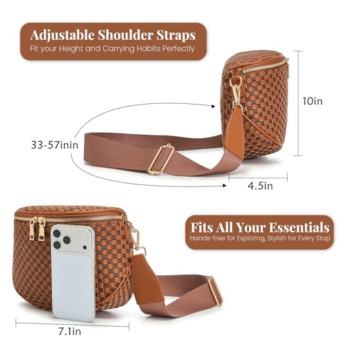 Woven Vegan leather Crossbody Bags For Women, Checkered Fashion PU Bum Bag Waist Pack, Travel Sling Purse with Adjustable Strap（Brown and Caramel) - color: Brown and Caramel