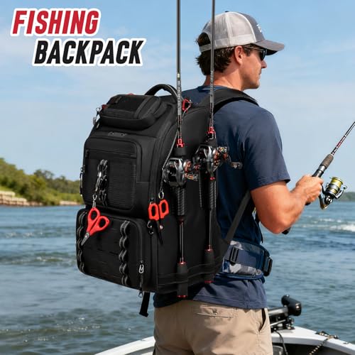 Fishing Tackle Backpack,40L Tackle Bag with 2 Rod Holders,Water-Resistant Large Storage Fishing Gear and Equipment(Black) - color: B-Black(Without tackle box)