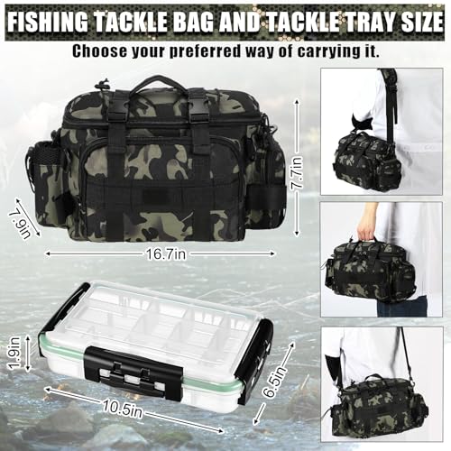 Fishing Tackle Bag with 3 Pcs 3600 Tackle Trays Expandable Soft Fishing Bag Waterproof Camouflage Gear Backpack Padded Shoulder Strap Angler Gear Storage Gifts for Fishermen(Green) - color: Green