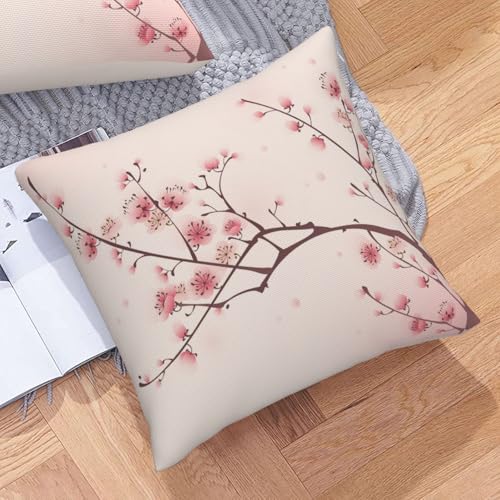 Spring Pink Throw Pillow Covers Chinese Cherry Blossom Flower Square Pillow Cases 18x18 Inch Set of 2 Japan Plum Branch Outdoor Decorative Pillowcase Cushion Cover for Couch Sofa - color: Pink, size: 18" x 18" (Pack of 2)