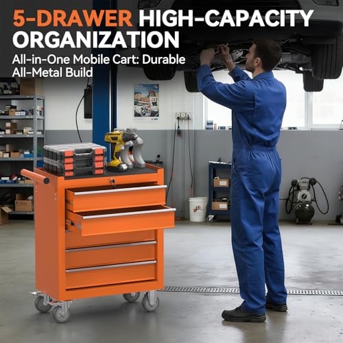 5-Drawer Rolling Tool Chest with Wheels, Metal Tool Storage Cabinet with Lock&Keys and Swivel, Toolbox with Drawers, Tool Box for Warehouse,Garage, Repair Shop, Workshop (Orange, 5-Drawer) - color: Orange, size: 5-Drawer