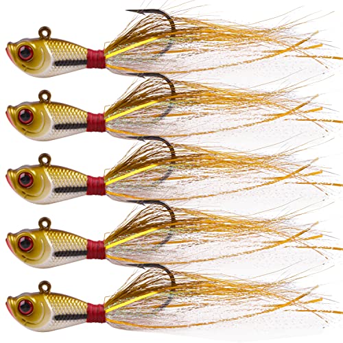 Bucktail Jigs Saltwater Fishing Lures, 5pcs Premium Bucktail Hair Jigs Head Saltwater Striper Lures for Bass Flounder Bluefish Halibut Redfish Surf Fishing 1/4oz 1/2oz 1oz 1.5oz 2oz - color: Brown/White, size: 2oz