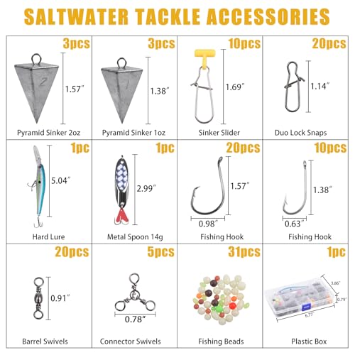 Saltwater Fishing Tackle Kit, 136pcs Surf Fishing Gear Fish Finder Rigs Saltwater Fishing Lures Crankbait Spoon Pyramid Sinker Fishing Hooks Leaders Swivels Ocean Fishing Tackle Accessories