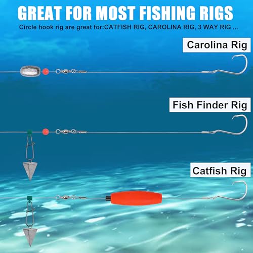 Circle Hooks Rigs Catfish Rig,20pcs Saltwater Fishing Hooks with Leader Catfish Hook Rigs Steel Wire Leaders Pre-Rigged Fishing Leader Hook Rigs for Catfish Bass - size: 6/0-20pcs