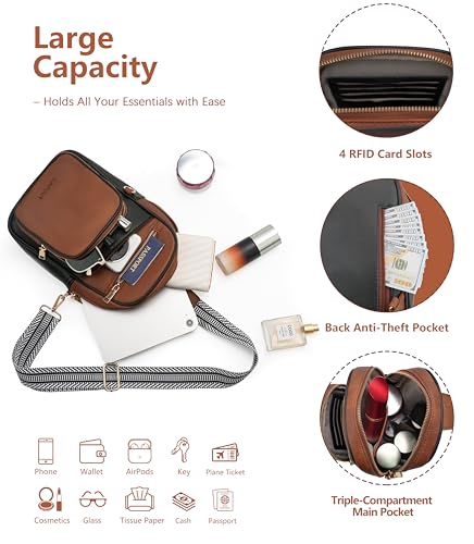 Anti Theft Crossbody Bags for Women RFID Leather Sling Purses,Crossbody Bags Travel Leather Fanny Pack for Women - color: Black+brown