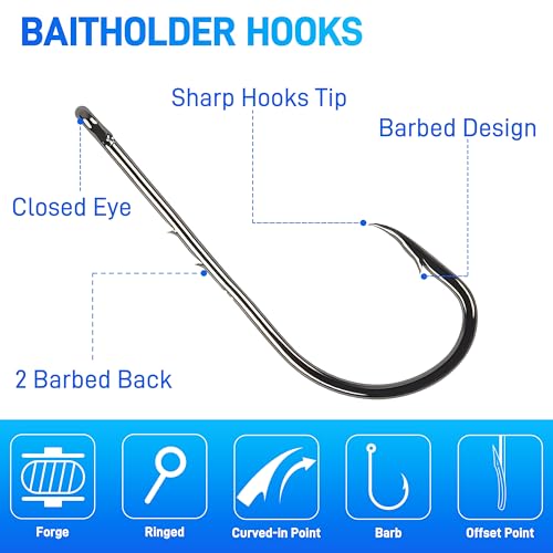 Baitholder Fishing Hooks Long Shank Offset Bait Holder Hooks with Barbs High Carbon Steel Live Bait Hooks for Saltwater Freshwater Catfish Trout Bass Fishing Size #4-6/0 - size: 1/0, style: 50pcs