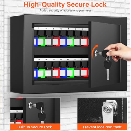 Nebakne 40 Keys Key Cabinet, Anti-Theft Key Lock Box with Key Tags, Adjustable Key Organizer Wall Safe for Office House Rental Business - color: Black, size: 11.61 inches x 7.87 inches x 3.94 inches