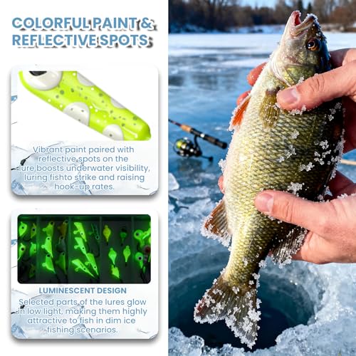 Glow Ice Fishing Jigs | Winter Ice Fishing Lures Set | Micro Jig Head for Pike, Panfish, Crappie, Perch, Walleye, Trout, Bluegill - with Storage Box - color: 28pcs