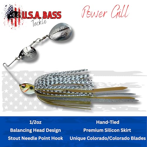 USA BASS Tackle Apache Attack Spinnerbait Type II Largemouth Smallmouth Spotted Bass Premium Fishing Bait Handtied Skirt Custom Blades Heavy Duty Hook New for 2025 - color: Power Gill, size: 1/2oz - Colorado/Colorado