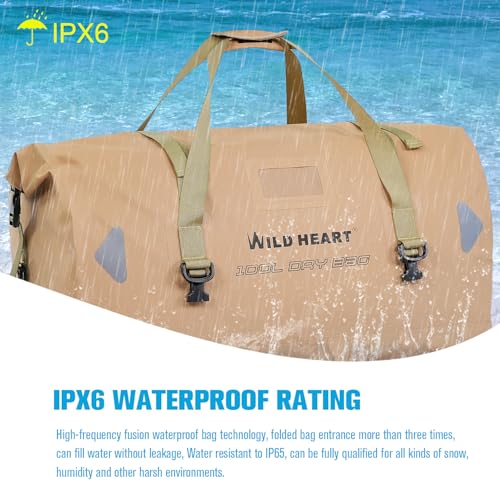 WILD HEART Waterproof Motorcycle Duffel Bag PVC500D Double-bottom With Rope Straps and Inner Pocket 40L 66L 100L for Kayaking, Camping, Boating,Motorcycle - color: 66L Khaki, size: 66L