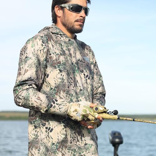 KastKing Agies Fishing Gloves Men, UPF 50+ Sun Gloves UV Protection, Cooling Quick-Dry 3/4 Fingerless Gloves with Extended Cuff, Microfiber Palm & Pull Tabs, for Fishing, Kayaking, Hiking, Hunting - color: X Camo-Multi Purpose, size: Large-X-Large