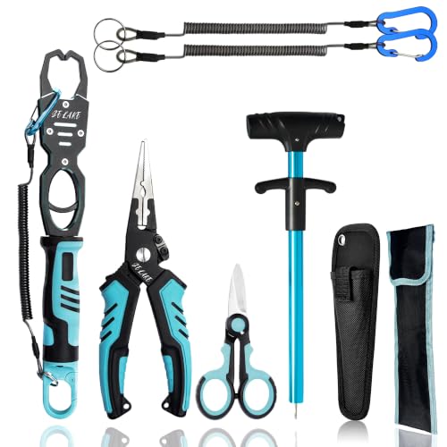 Selake 7 PCS Complete Fishing Tools Set, Fish Lip Gripper with Scale, Fishing Pliers, Hook Remover, Line Cutter & Scissors, Corrosion Resistant for Saltwater Freshwater Kayak Ice Fishing - color: Blue