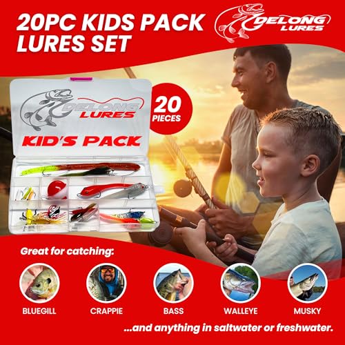 DeLong Lures 20-Piece Fishing Lures Kids Pack - Easy to Use Pre Rigged Lure Kit for Bluegill, Bass, Crappie - Soft Plastic Baits - Perfect Tackle Box Kit for Young Anglers and Kids - Made in USA