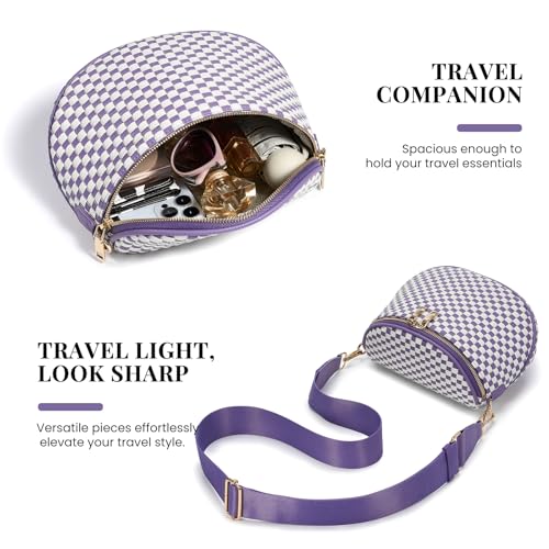 Woven Vegan leather Crossbody Bags For Women, Checkered Fashion PU Bum Bag Waist Pack, Travel Sling Purse with Adjustable Strap（Cloudy Purple) - color: White and Cloudy Purple