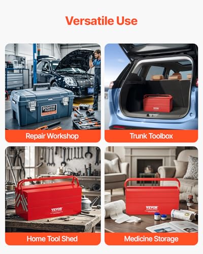 VEVOR Metal Tool Box, 18-inch, 3-Tier 5-Tray Portable Folding Tool Chest Organizer with Handle & Lock Hole, Powder Coated Steel, Cantilever Toolbox for Household Factory Warehouse Repair Shop, Red - style: 3 Tier-5 Tray