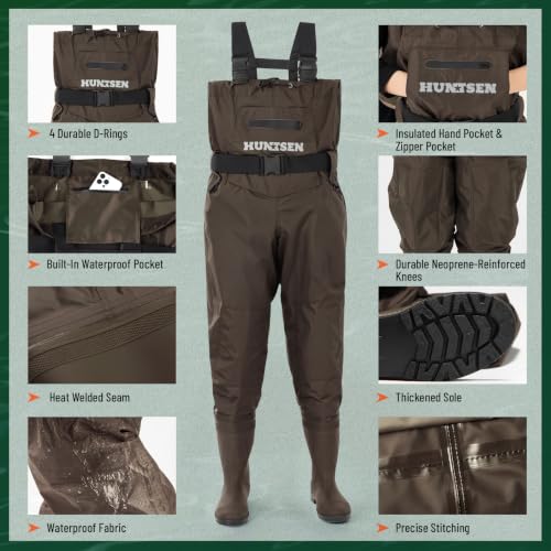 HUNTSEN Fishing Waders for Men Women - 2-Ply Nylon/PVC Waterproof Hunting Chest Waders with Boot Hanger&Phone Case, Size9-13 - color: Brown, size: 12