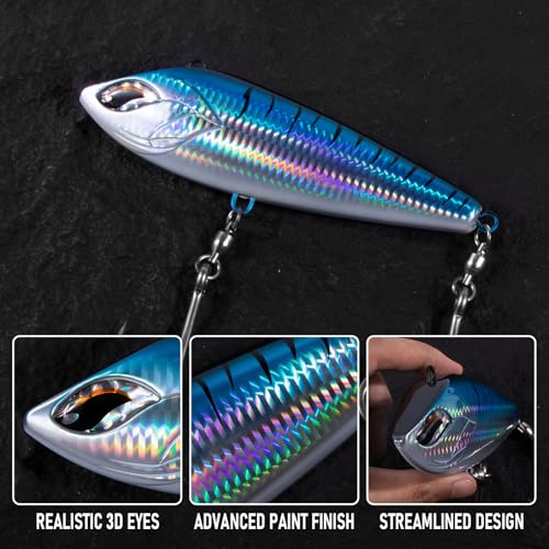 Alwonder High Speed Trolling Lures Up to 17 Knots Saltwater Fishing Lures Sinking Hard Baits 6-3/4”/7.5oz with Heavy-Duty 7/0 Hook Deep Diving Jerkbait Fishing Plug Offshore Lure for Marlin Tuna Wahoo - color: Chrome Bule