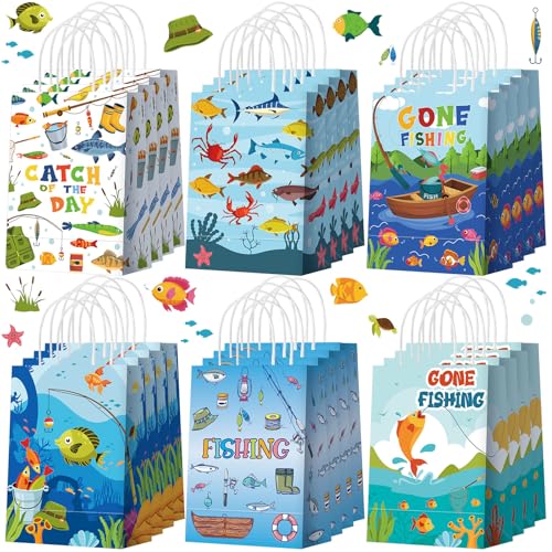 Kosiz 24 pcs Gone Fishing Party Favors Bags Little Fisherman Gift 1st Birthday Goodie Paper Bags Fish Animal Candy Treat Pouch with Handles for Summer Fishing Party Decorations Supplies - style: Fishing