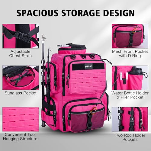 Goture Fishing Backpack,900D Water-Resistant Tackle Backpack with Rod Holders,45L Large Fishing Bag Storage Gear Tackle Bag with Rain Cover,Bottle Holder for Travel Camping Hiking(Without Tackle Box) - color: 45L Pink with Bottle Holder