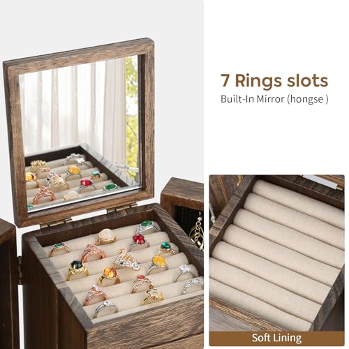 Meangood Jewelry Box Wood for Wowen, 5-Layer Large Organizer Box with Mirror & 4 Drawers for Rings, Earrings, Necklaces, Walnut - color: 5 Layer Walnut, size: 5 Layer