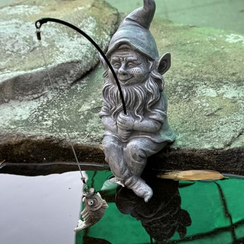Garden Gnome Pond Statue Decoration, Fishing Gnome Garden Statue Outdoor Koi Pond or Waterfall Decor, 9.7" Stone Gnome Fishing Poolside Statue, Elf Pond Statue, Great Gifts & Housewarming for Mom - color: Gnome Fishing （stone）
