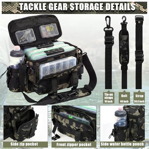 Fishing Tackle Bag with 3 Pcs 3600 Tackle Trays Expandable Soft Fishing Bag Waterproof Camouflage Gear Backpack Padded Shoulder Strap Angler Gear Storage Gifts for Fishermen(Green) - color: Green