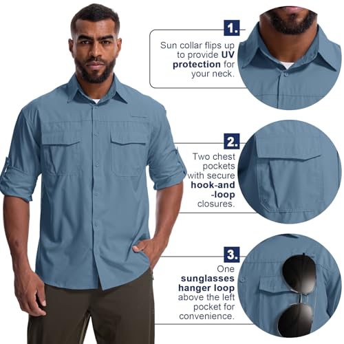 Mens Safari Sun Shirts UPF 50+ UV Sun Protection Long Sleeve Outdoor Quick Dry Fishing Hiking Gardening Shirts - color: 5051 Ocean Blue, size: Small