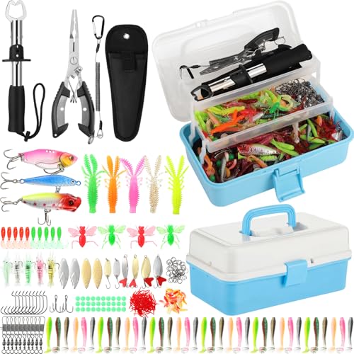 RoundFunny 3 Layers Fishing Tackle Box 414 Pcs Fishing Gift Lures Gear Kit with Tackle Included Pliers Lip Gripper Bait Hook Accessories for Beginner Fisherman Women Men, Fit Bass Trout - color: Blue