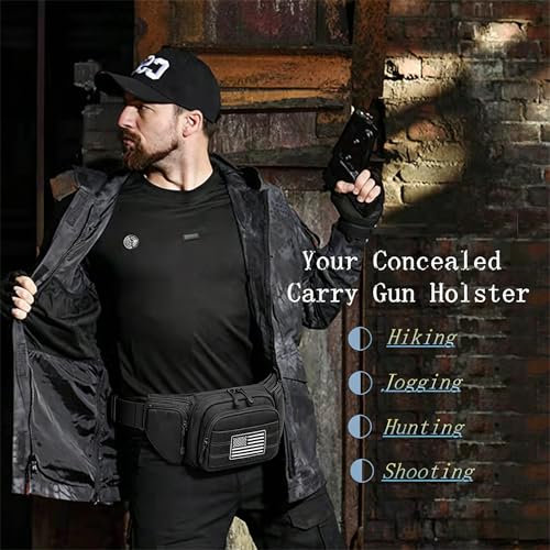 Tactical Fanny Pack Gun Holster Concealed Carry Pistol Military Tactical Waist Bag Waterproof Molle EDC Pouch with USA Flag Patch - color: Black