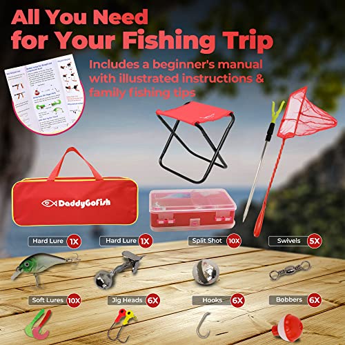 DaddyGoFish Kids Fishing Pole - Rod Reel Combo Tackle Box Starter Set - First Year Small Dock Gear Kit for Boys Girls Toddler Youth Age Beginner Little Children Junior Anglers - color: Red (Complete Set), size: 5ft