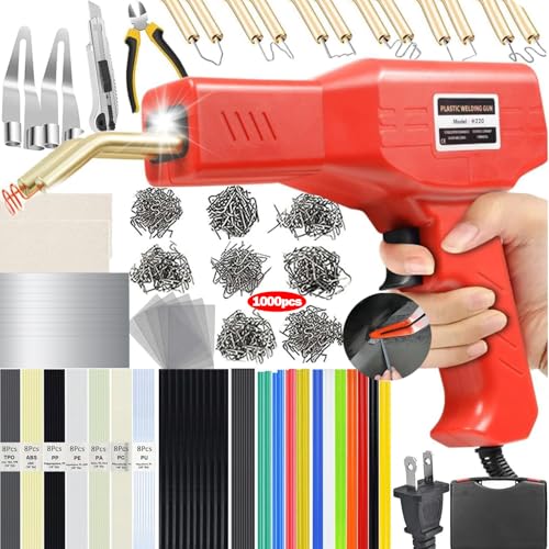 Upgraded 220W Plastic Welder, 2 in 1 Plastic Welding Kit Plastic Repair Welder Kit 1000PCS Hot Stapler Soldering Gun with 100PCS Plastic Welding Rods Car Bumper Repair Kit for Most Plastic Repair - color: Red