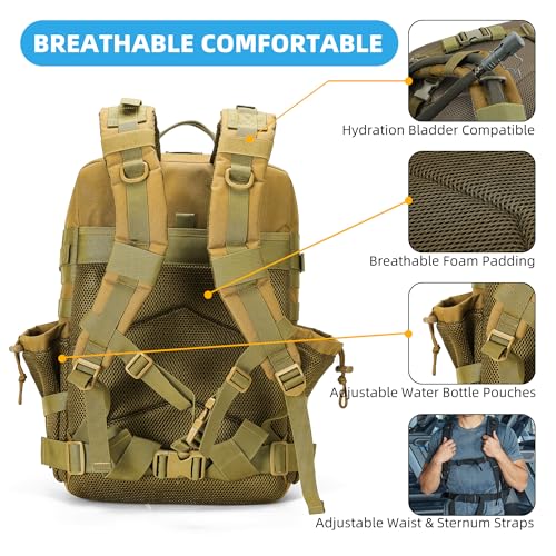 gracedon Tactical Backpack - Military Molle Bag 3 Days Pack for men and Women Large Assault Rucksack 45L (Khaki) - color: Khaki